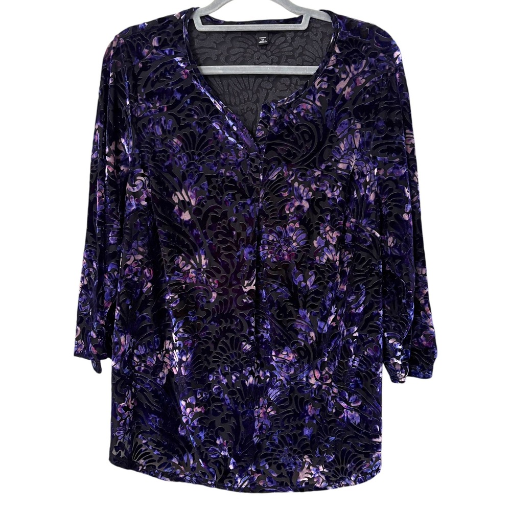 Roz & Ali Womens 1X Blouse Black Purple Floral Burnout Velvet Whimsigoth Vamp